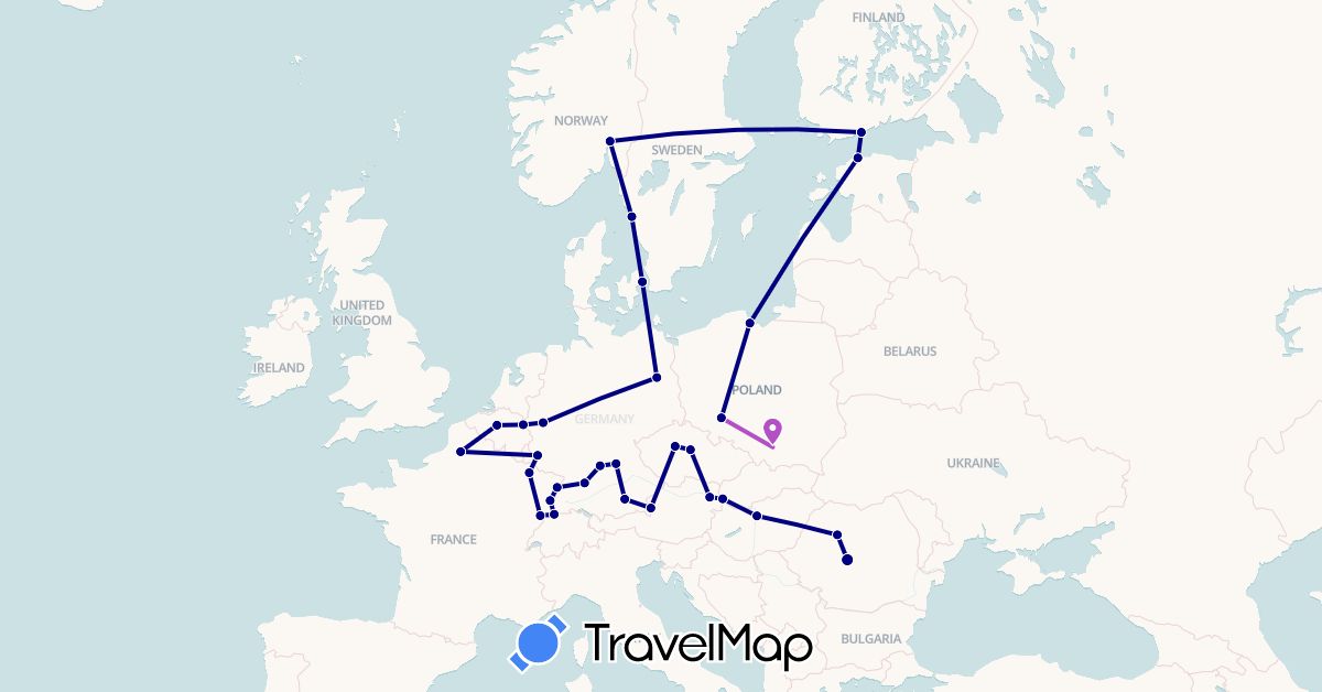 TravelMap itinerary: driving, train in Austria, Belgium, Switzerland, Czech Republic, Germany, Denmark, Estonia, Finland, France, Hungary, Netherlands, Norway, Poland, Romania, Sweden, Slovakia (Europe)